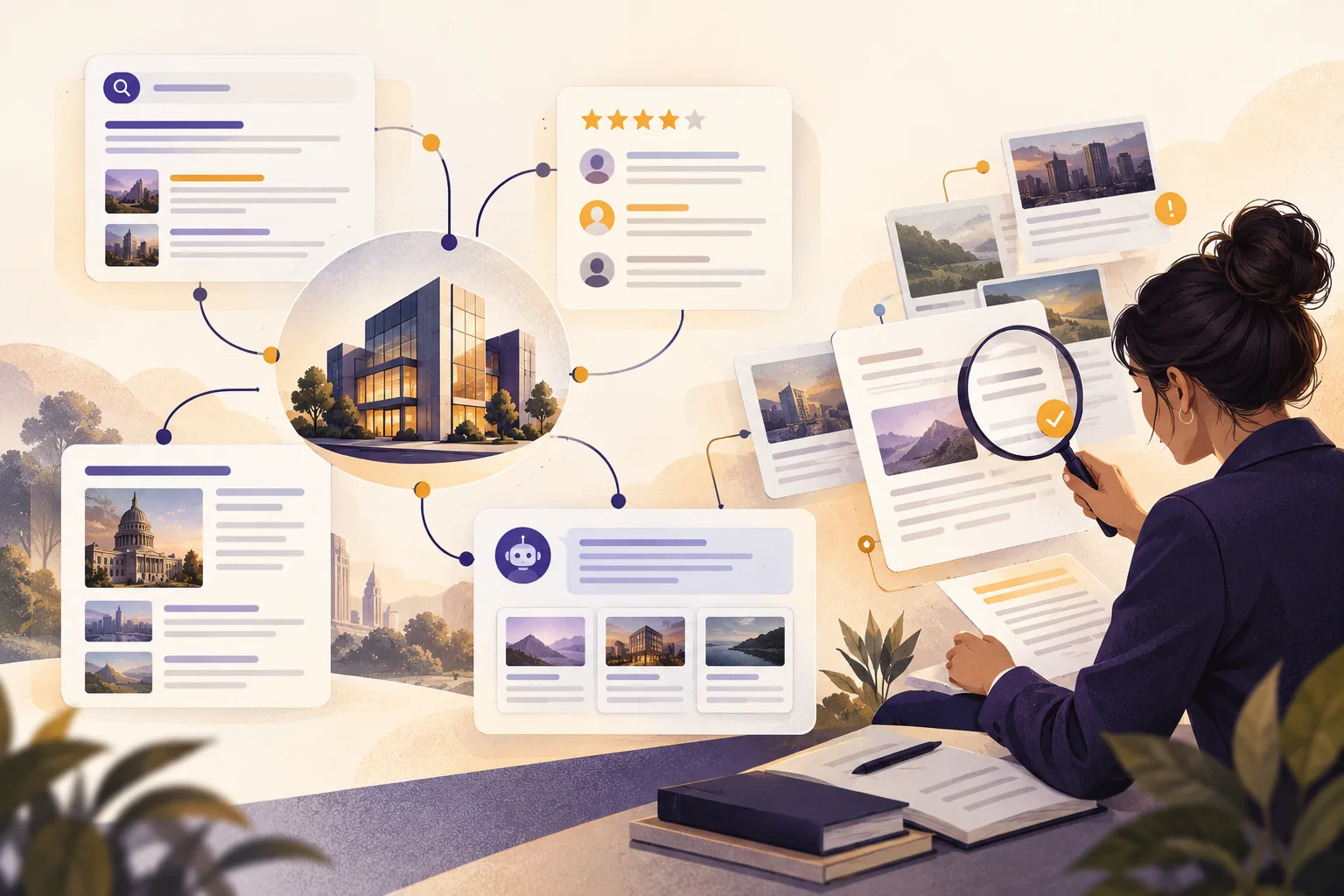 Illustration of a team reviewing brand information across search results, reviews, and AI sources