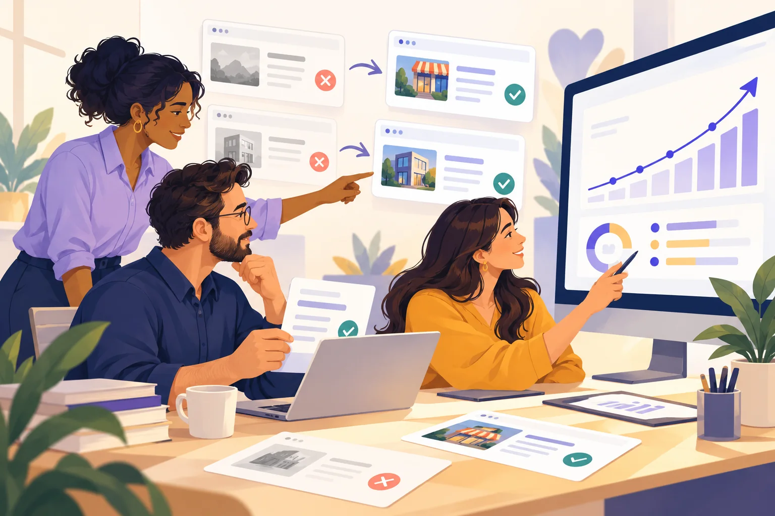 Illustration of a team coordinating corrections and monitoring brand visibility