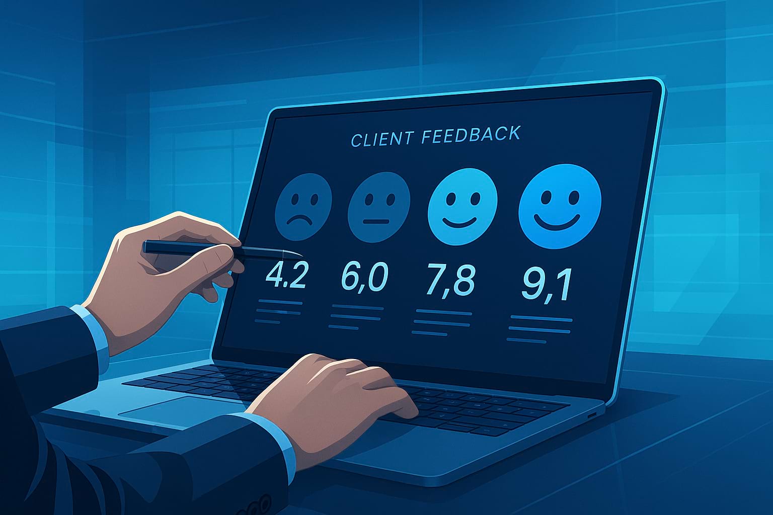 Analyzing client feedback scores on a sleek laptop, with glowing satisfaction icons and clean blue digital aesthetics representing business insights.