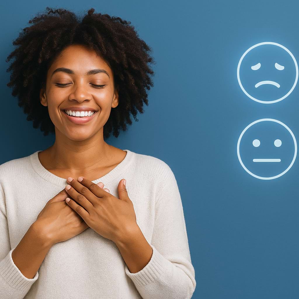 Smiling woman with hands over her chest, next to glowing emotion icons (sad, neutral, happy) on a blue background, symbolizing customer experience and emotions.