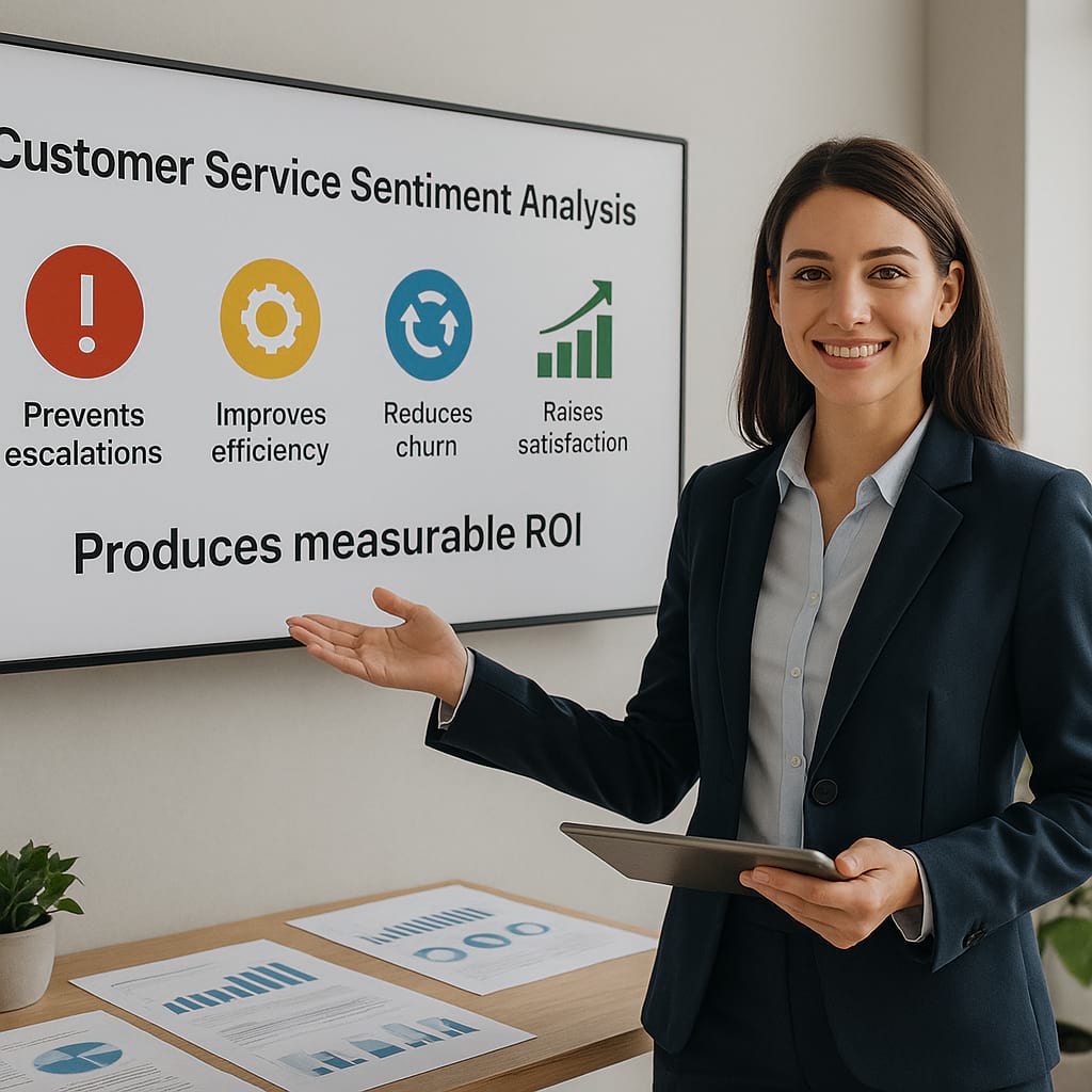 Professional corporate presentation in a modern office, showing a businesswoman demonstrating customer sentiment analytics success with abstract visuals symbolizing efficiency, churn reduction, satisfaction, and measurable ROI.