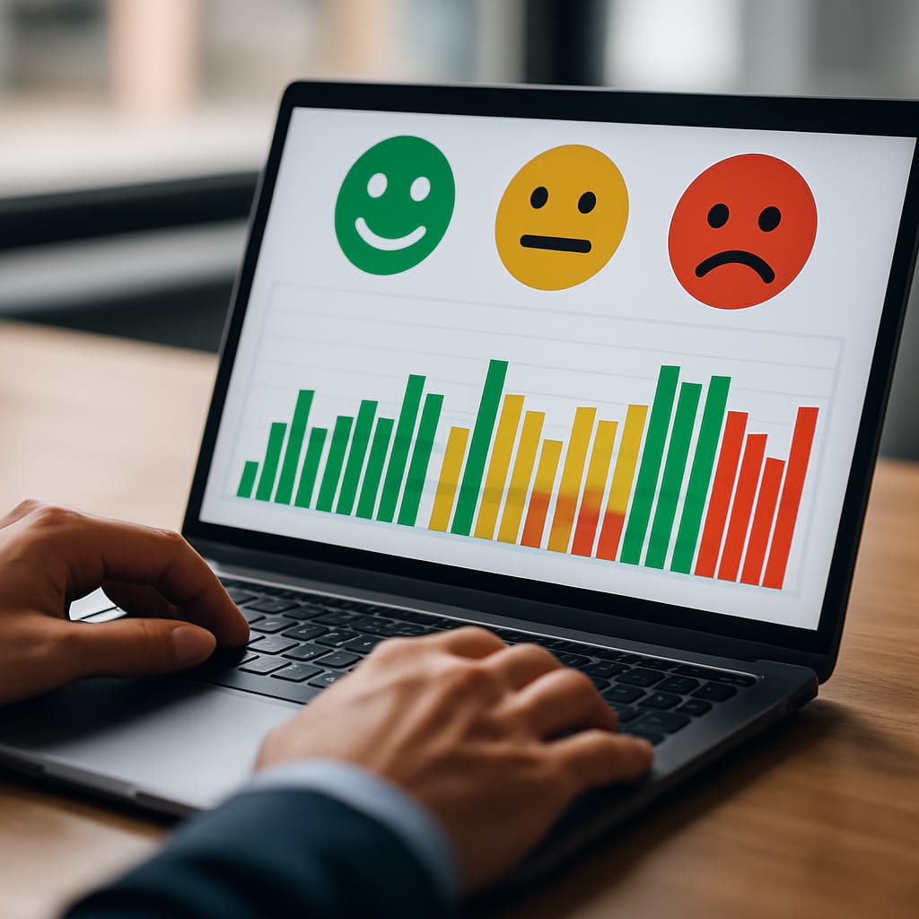 Sentiment analysis dashboard featuring colorful positive, neutral, and negative emotion indicators, symbolizing customer feedback evaluation through AI-driven insights.