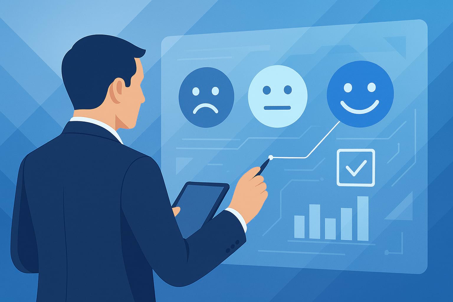 Corporate-style illustration of a professional using a digital tablet to interact with floating sentiment analysis icons and data charts, set against a clean, futuristic blue background.