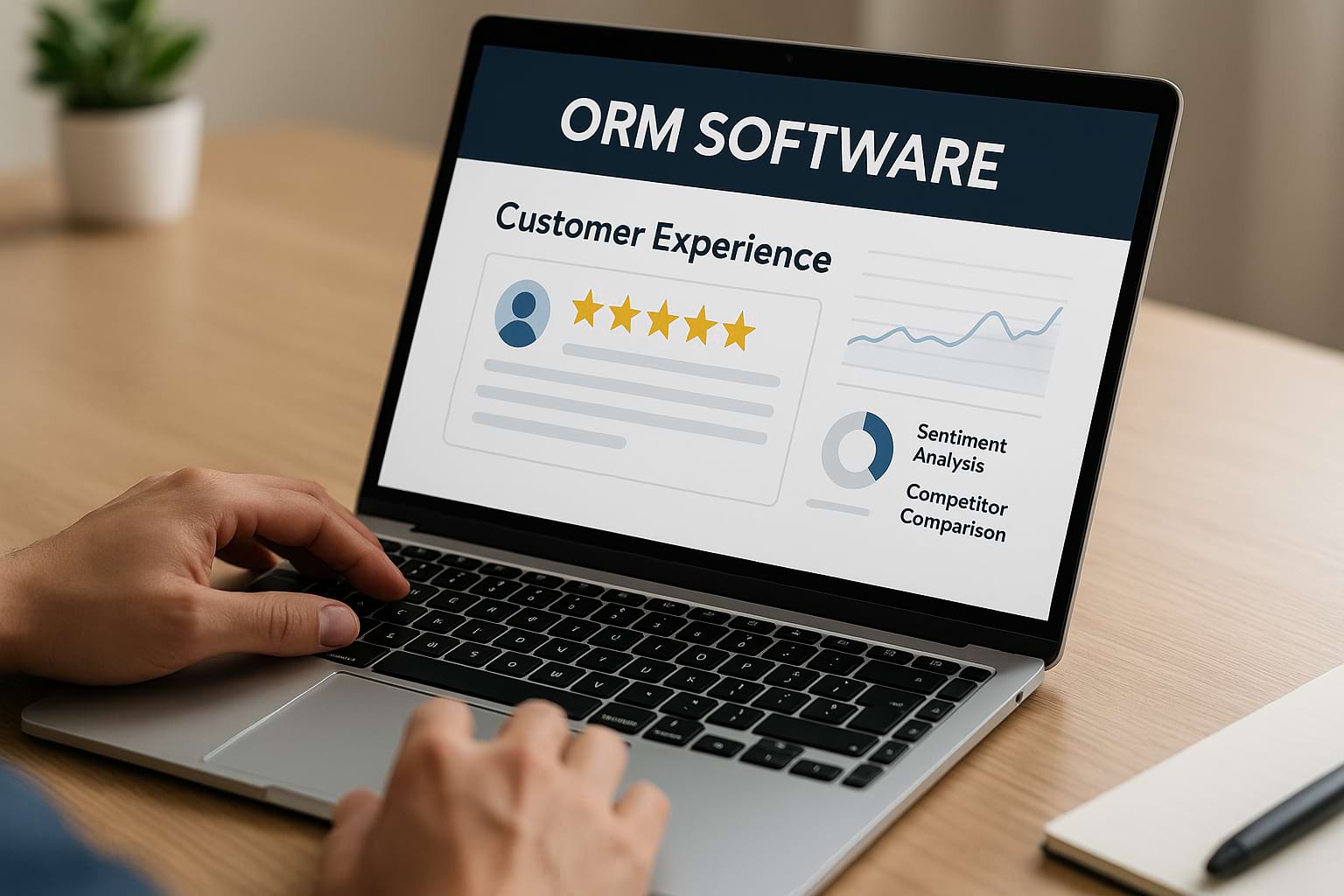 Illustration of an ORM application centralizing customer reviews with tools for opinion mining, competitor benchmarking, and strategies that strengthen brand reputation and loyalty.