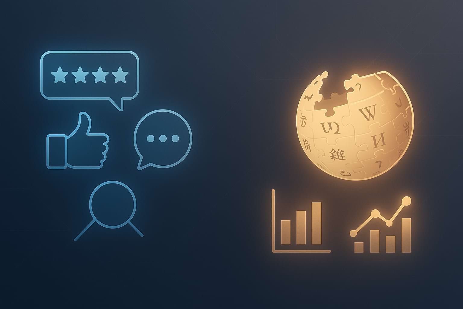 Reputation management strategies, with glowing blue icons for social media reviews, likes, comments, and search on the left, and golden holographic Wikipedia symbol with data charts on the right, representing wiki-based reputation management.