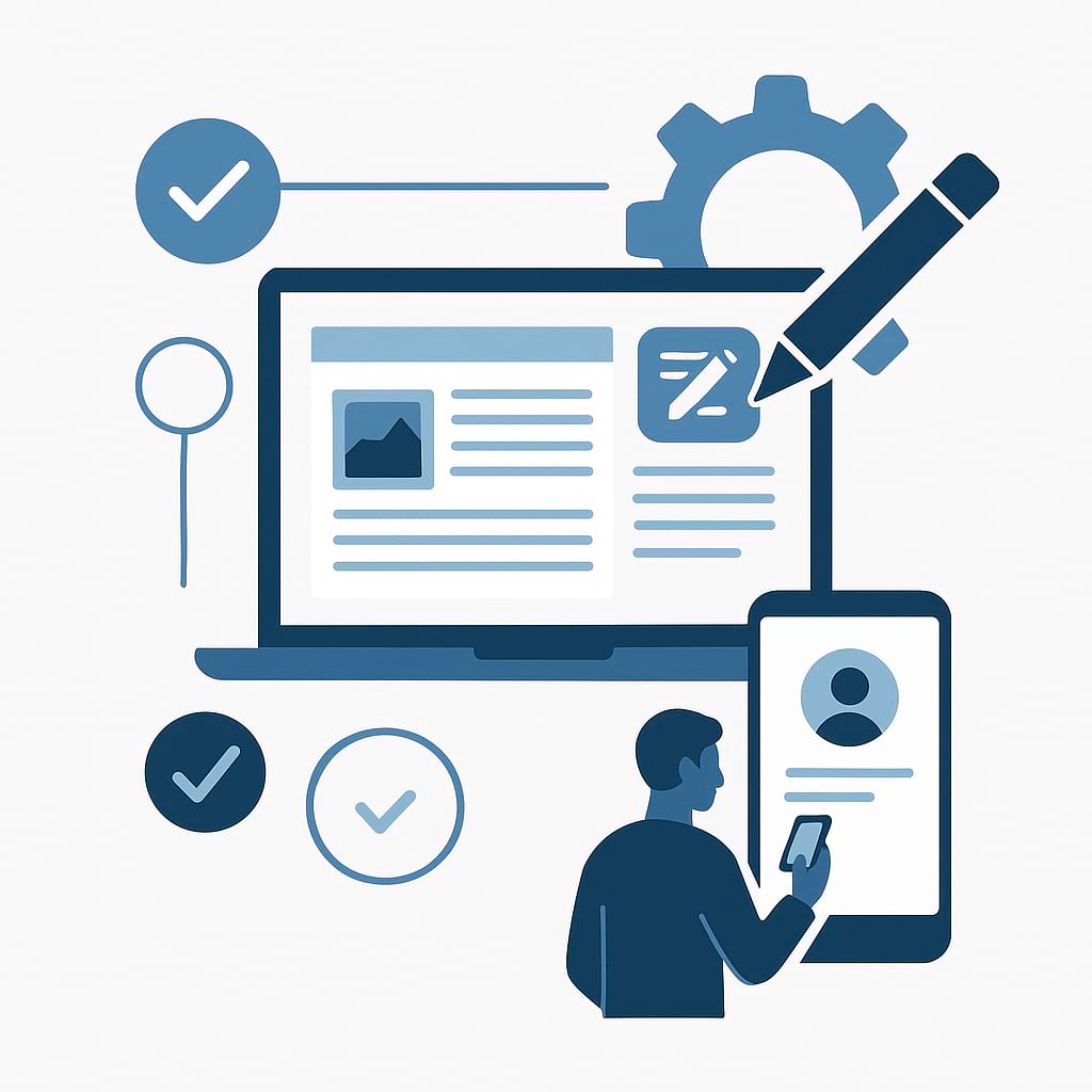 A minimalist infographic-style illustration showing a laptop with surrounding icons such as gears, notifications, checkmarks, and a user profile, symbolizing ongoing monitoring, updates, and maintenance in a professional, businesslike style.