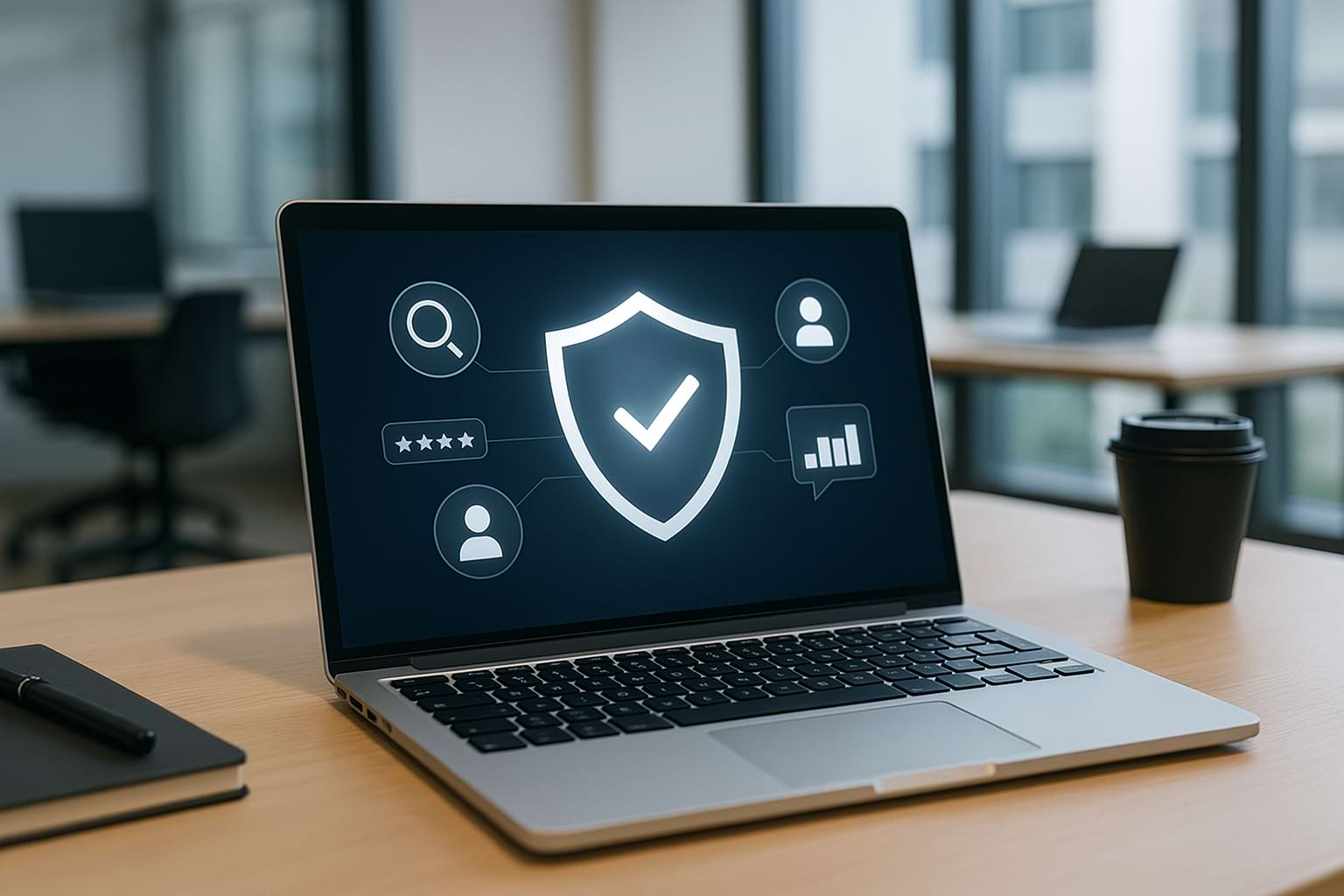Displaying a glowing shield icon surrounded by holographic symbols for search, user profiles, ratings, and analytics, symbolizing online reputation management in a professional environment