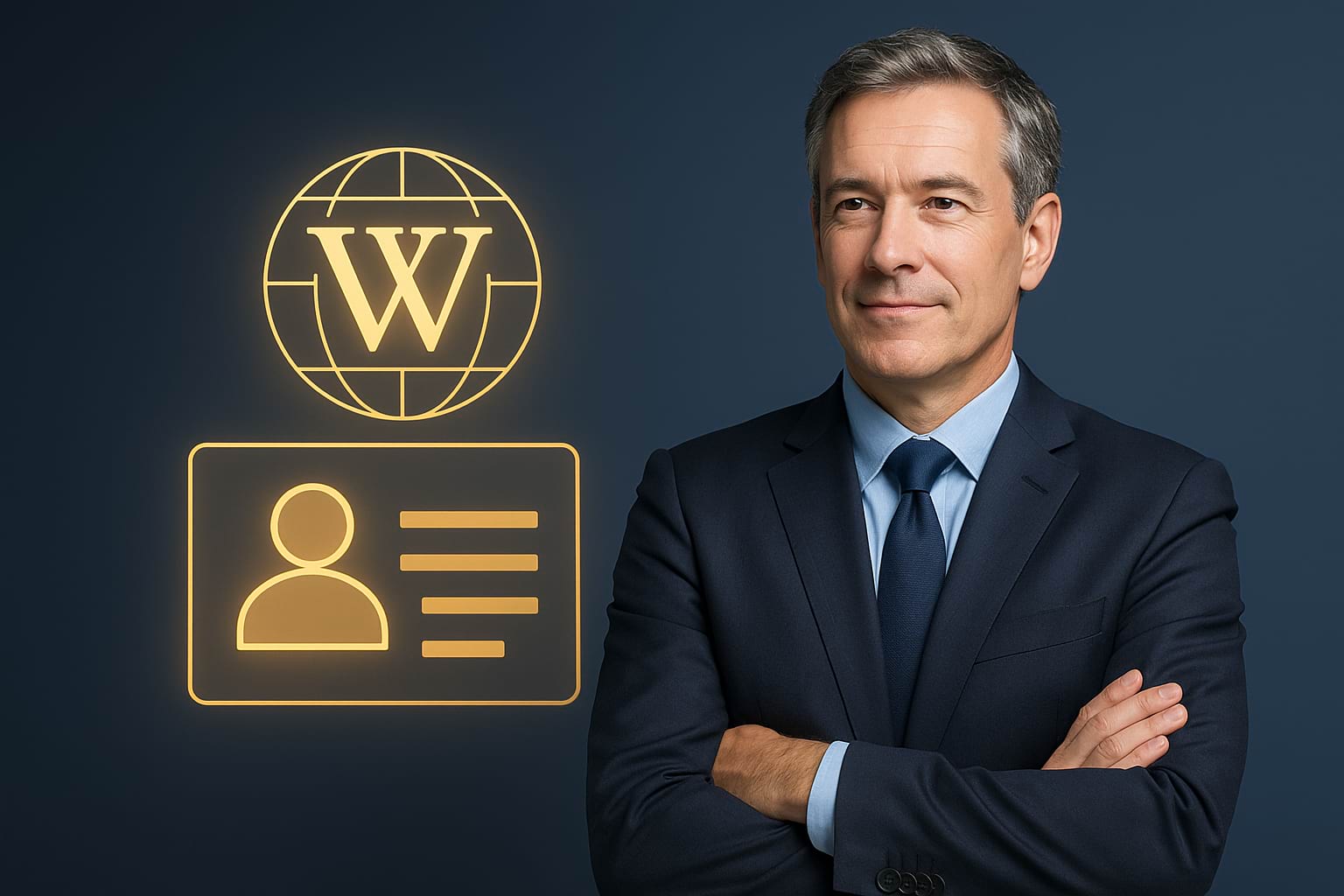 A confident professional in a navy suit stands with arms crossed against a gradient background, accompanied by glowing holographic icons of a Wikipedia globe and a digital profile card, symbolizing personal brand authority and credibility in the digital age.