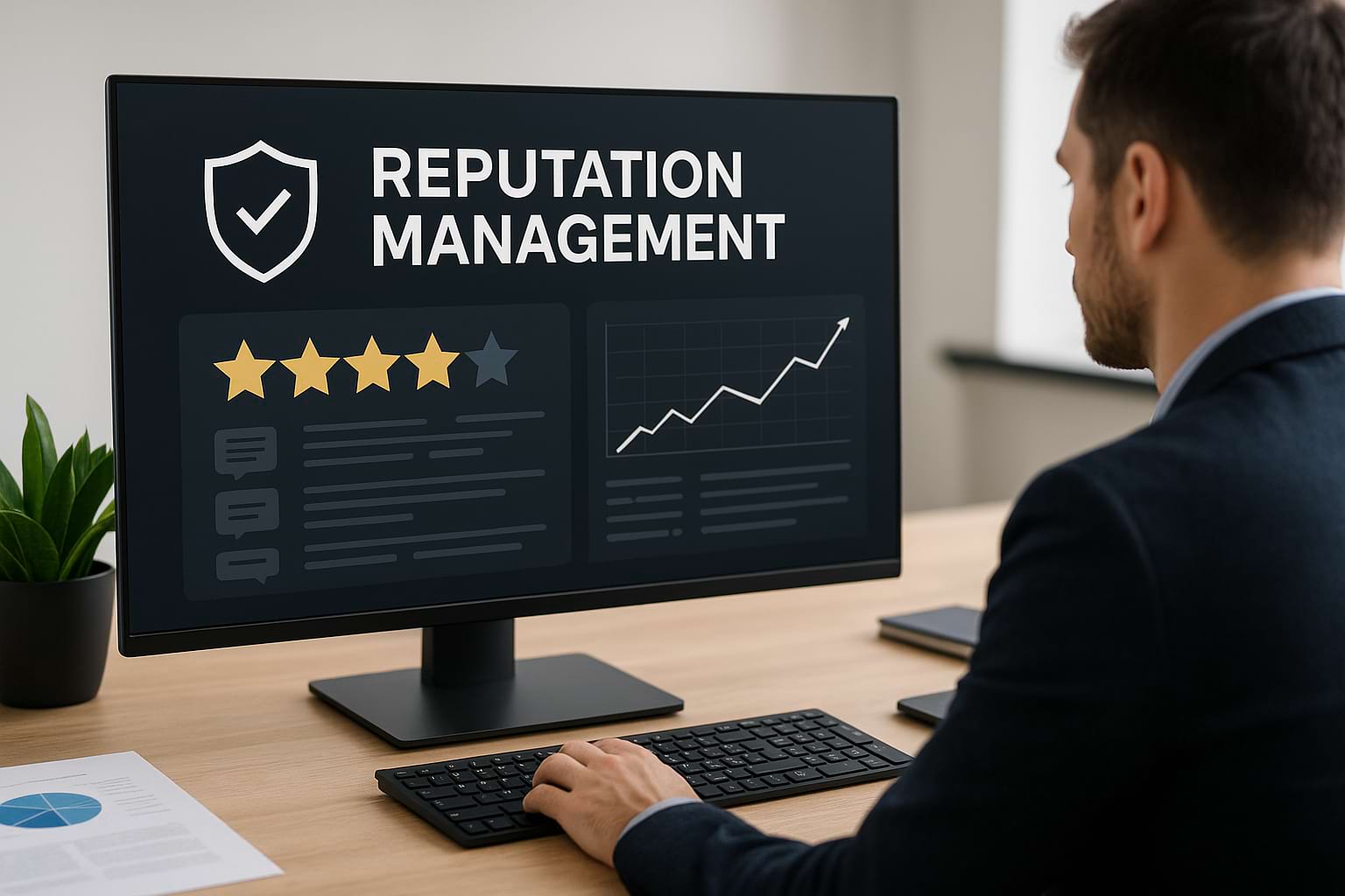 Conceptual representation of online reputation management software highlighting business growth, digital monitoring, brand protection, and consumer trust.
