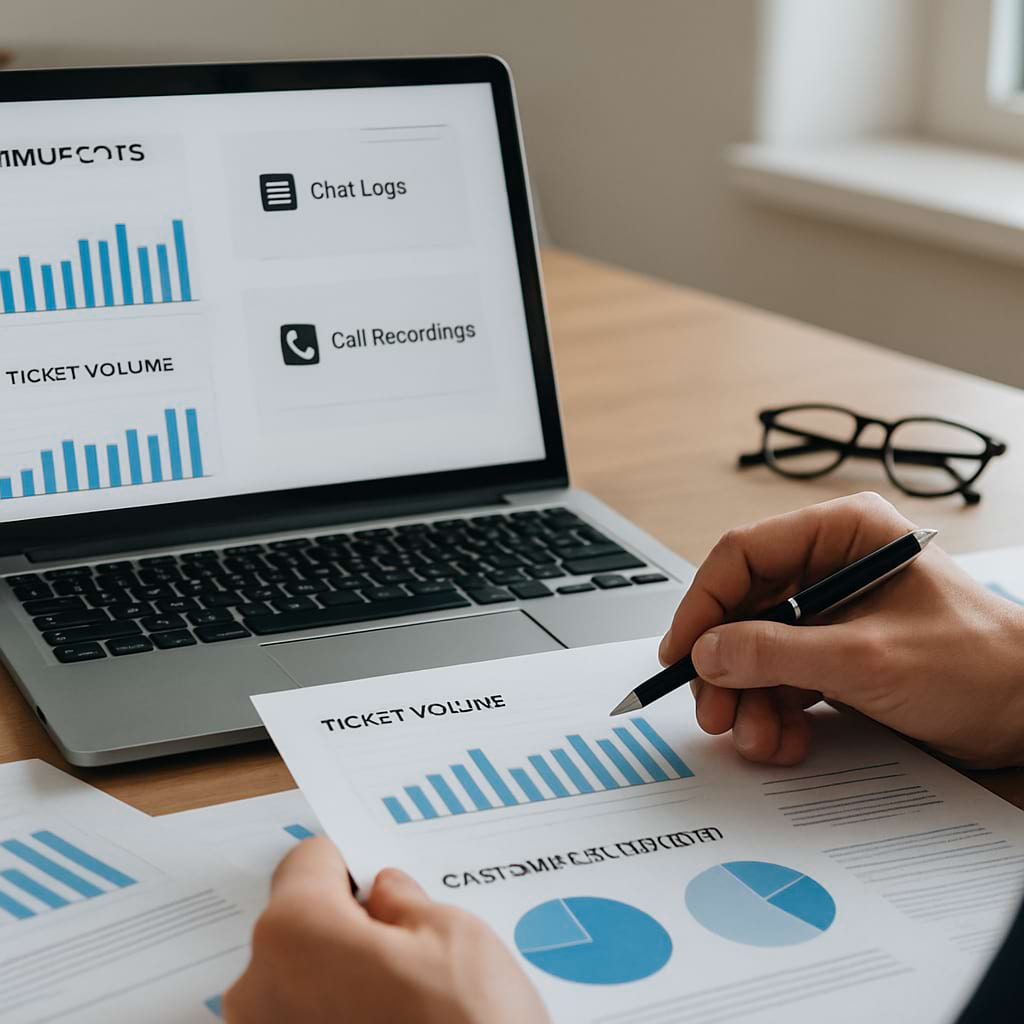 Professional workspace with a person analyzing printed graphs and digital dashboards on a laptop, symbolizing customer support data review, system integration checks, and establishing benchmarks for sentiment analysis deployment.