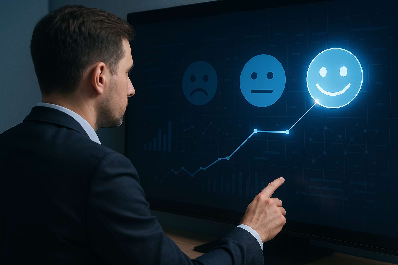Conceptual image of a professional analyzing sentiment analysis data on a large digital screen, with glowing emotion icons, line graphs, and AI-driven charts showing a trend from sad to happy.