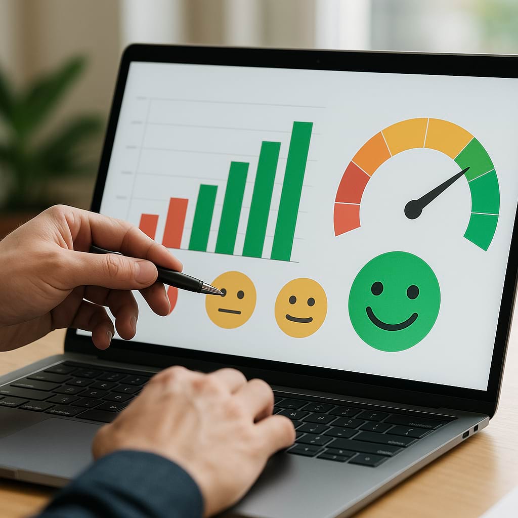 Analyzing sentiment metrics on a laptop, showing colorful emotion icons, a bar chart, and a gauge representing customer satisfaction trends in a modern workspace.