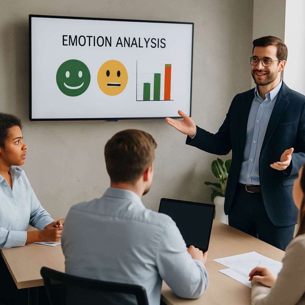 Modern corporate training session with a diverse team and instructor discussing sentiment monitoring, supported by laptops and digital visuals, symbolizing customer service improvement through training and analytics.