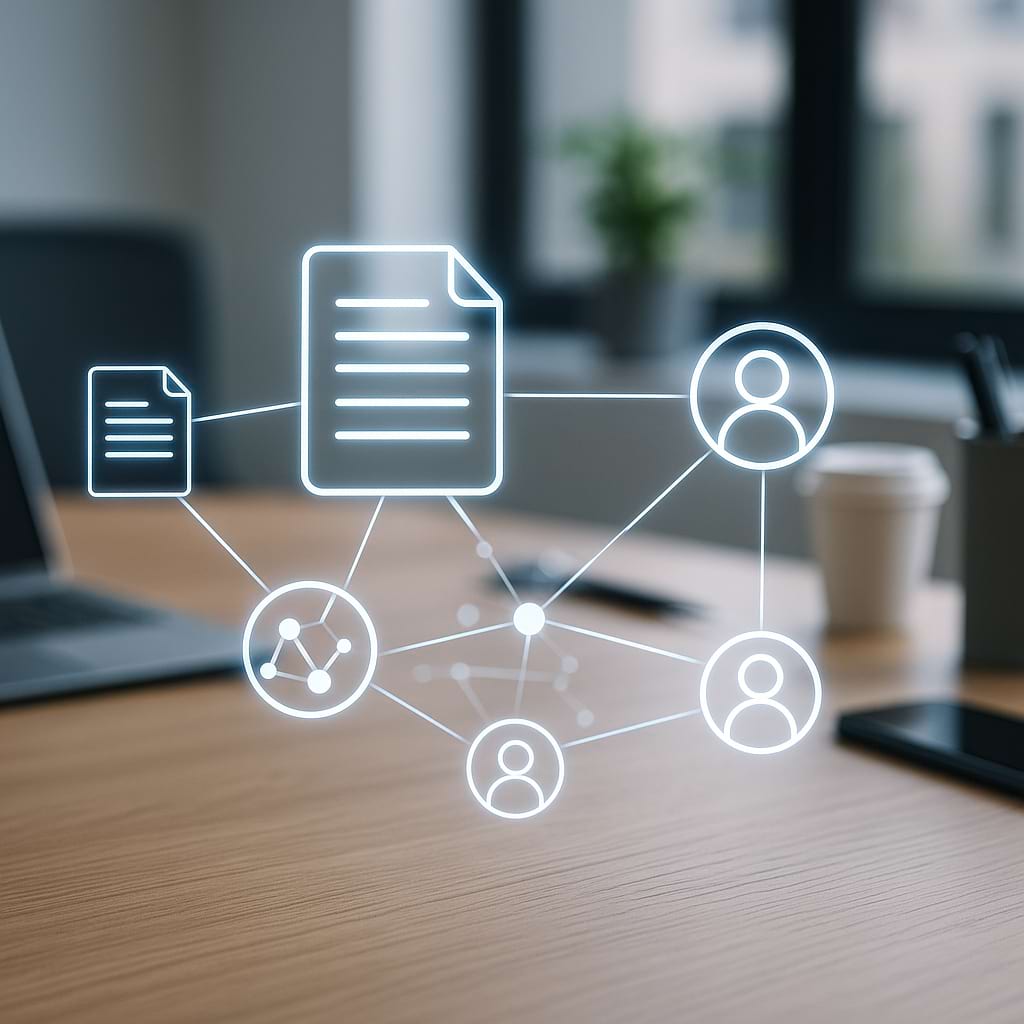 A modern office desk with floating holographic icons of documents, user profiles, and network nodes interconnected by glowing lines, symbolizing the collaborative and interconnected Wikipedia content ecosystem.