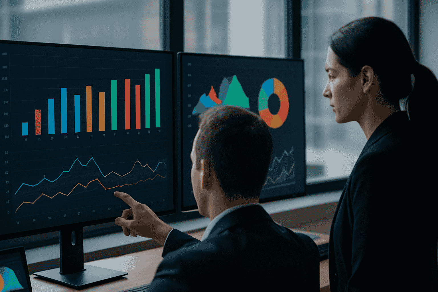 Two professionals in a modern office analyzing sentiment data visualizations on dual monitors, reviewing colorful charts and graphs that illustrate sentiment score trends, positive and negative sentiment ratios, and business intelligence insights for decision-making.