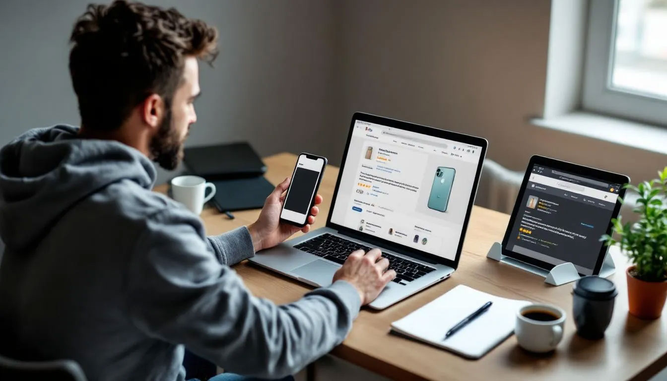 In the image, a customer is seen shopping online, utilizing multiple devices such as a laptop, tablet, and smartphone to leave reviews. The scene captures the essence of customer sentiment as they engage in opinion mining and provide feedback, reflecting both positive and negative sentiments about their shopping experience.