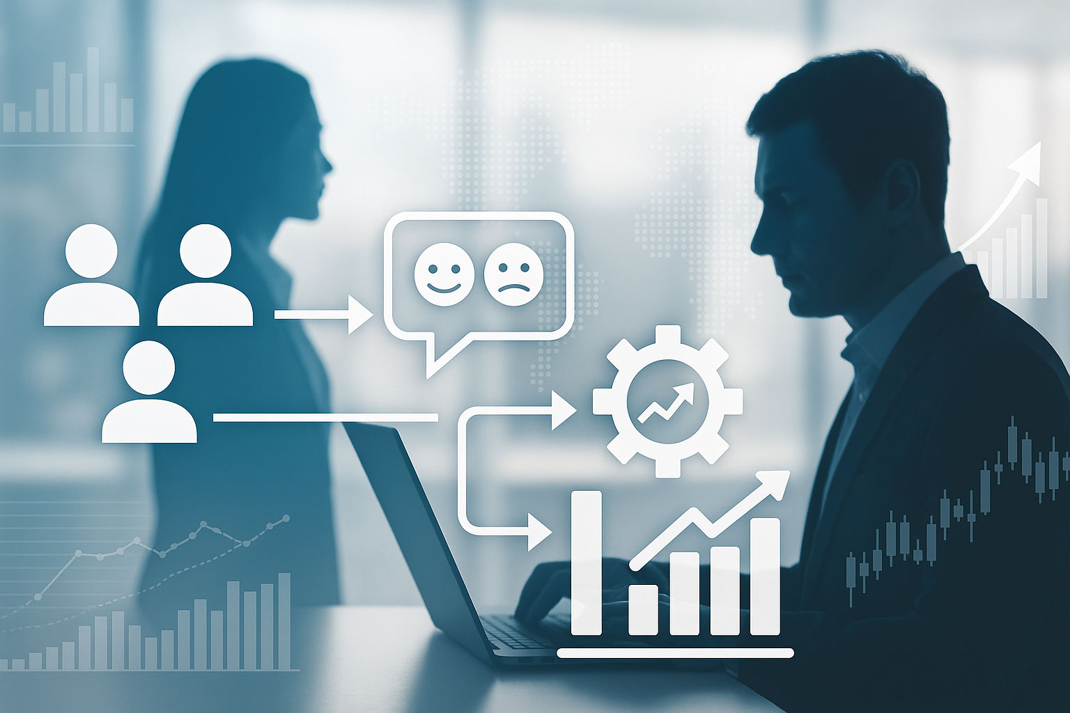 Corporate illustration symbolizing the business impact of sentiment analysis, where automated systems convert subjective feedback into actionable metrics that support marketing, service, and executive strategy.