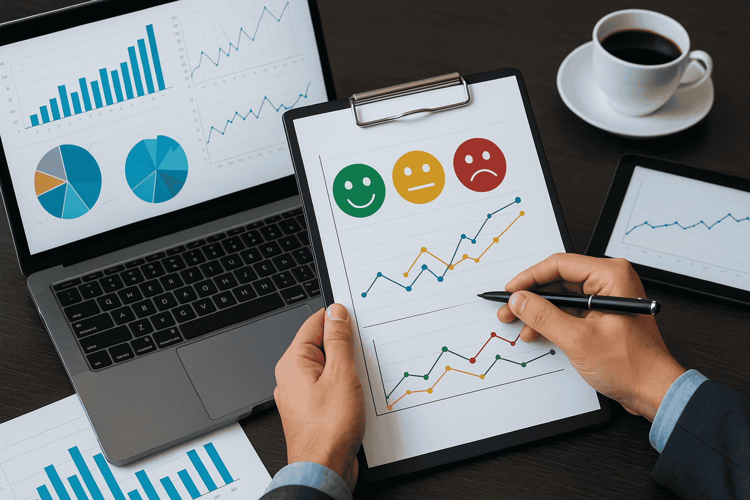 Professional workspace showing Customer Emotion Analytics with charts and graphs on laptop, tablet, and clipboard, illustrating sentiment analysis models, Feature-Level Sentiment Evaluation, and Consumer Emotion Insights insights derived from Digital Platform Content, internet review content, and client opinions Submissions.