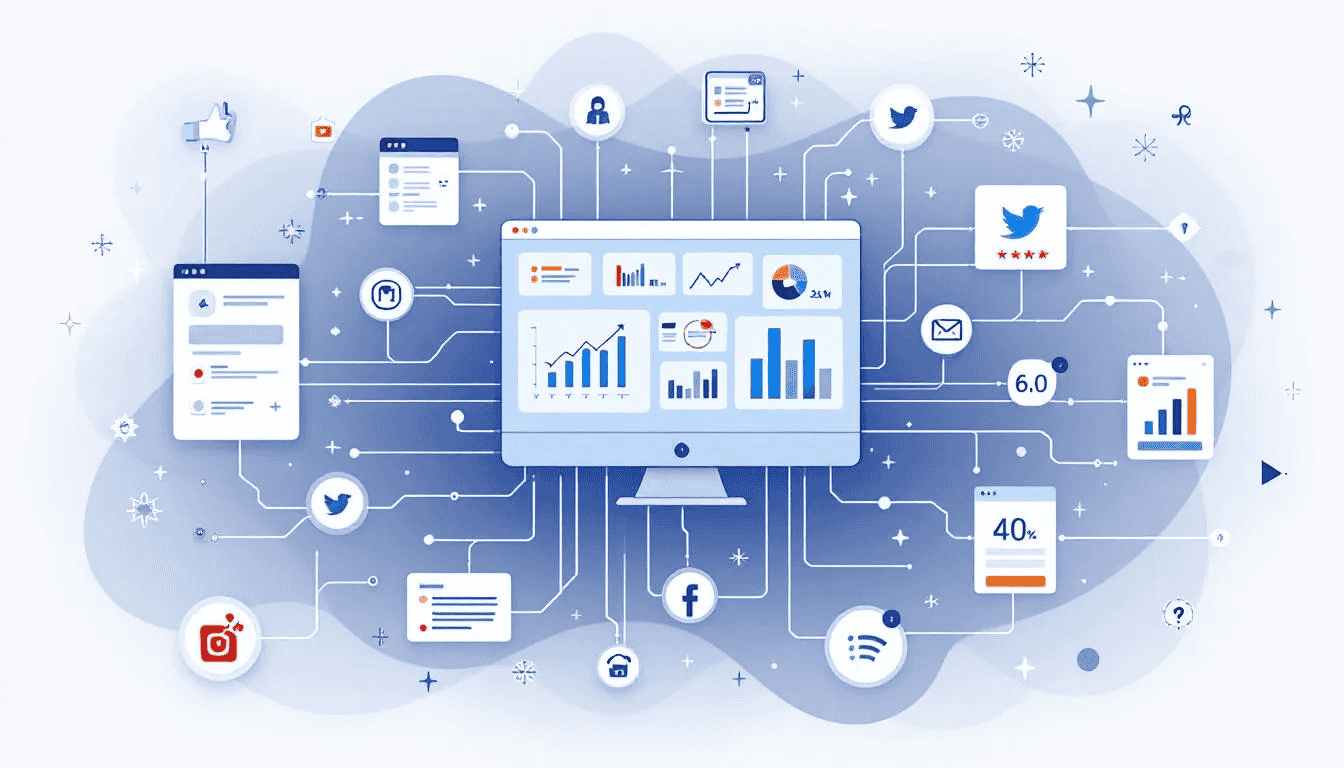 An image depicts various data sources, including social media icons, review websites, and survey forms, all connected to a central analytics dashboard, illustrating the process of sentiment analysis. This visual representation highlights the integration of different platforms and tools used to analyze Client Feedback Patterns and feedback through sentiment analysis models and algorithms.