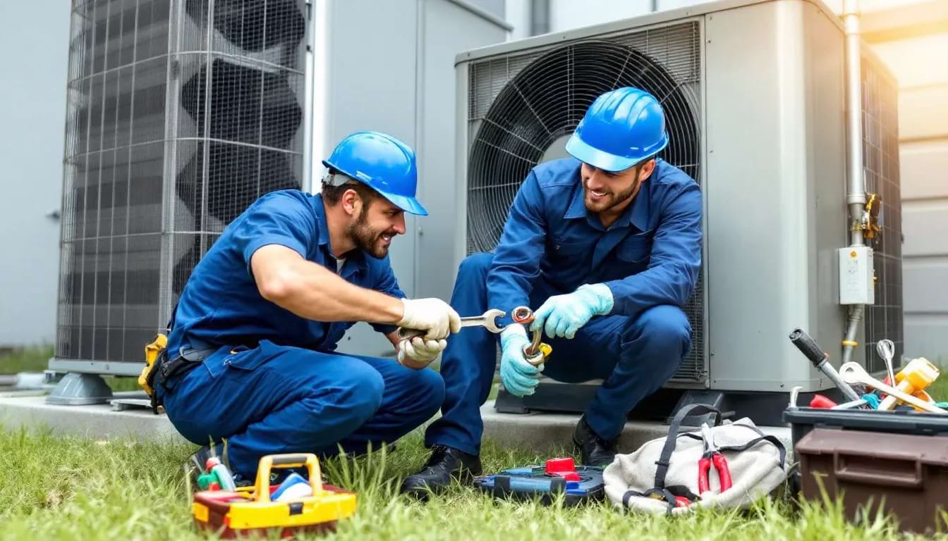 An HVAC technician is seen working on an air conditioning unit, carefully inspecting and adjusting components to ensure optimal performance. This image highlights the importance of skilled professionals in maintaining customer satisfaction and positive reviews in the HVAC industry.