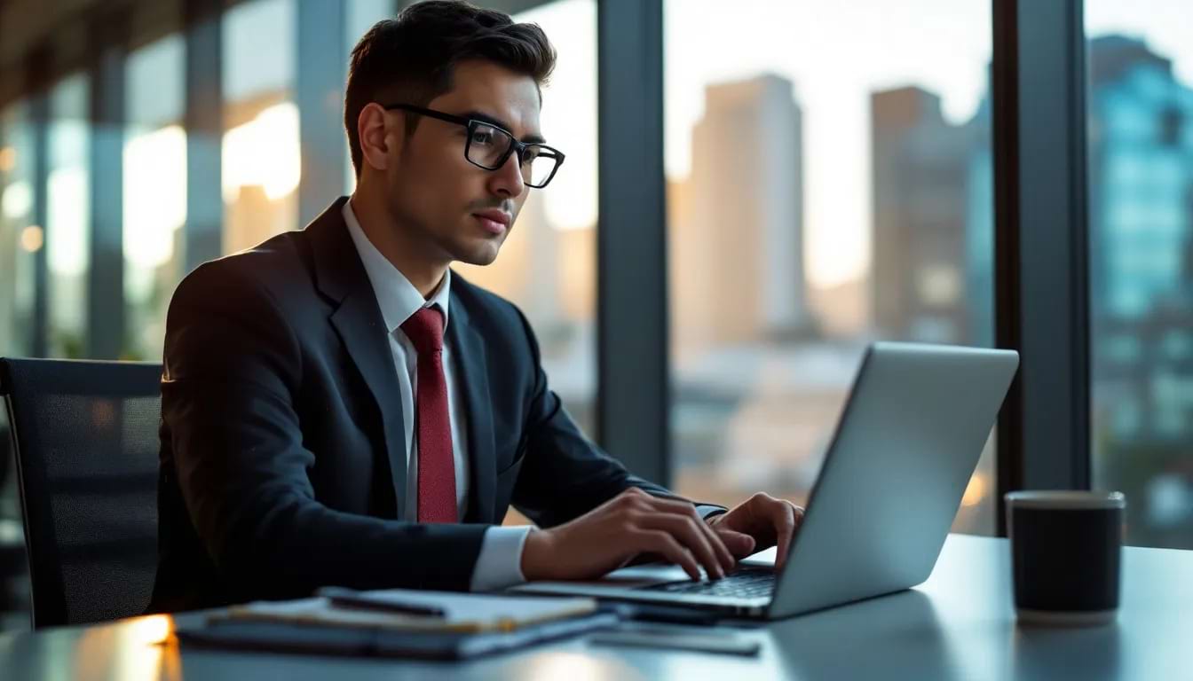 A business professional is seated at a desk, intently reviewing an online reputation management dashboard on their laptop, which displays various metrics related to their brand's online reputation, including customer feedback and online reviews. This scene highlights the importance of utilizing online reputation management solutions to enhance business expansion and maintain a positive online image.