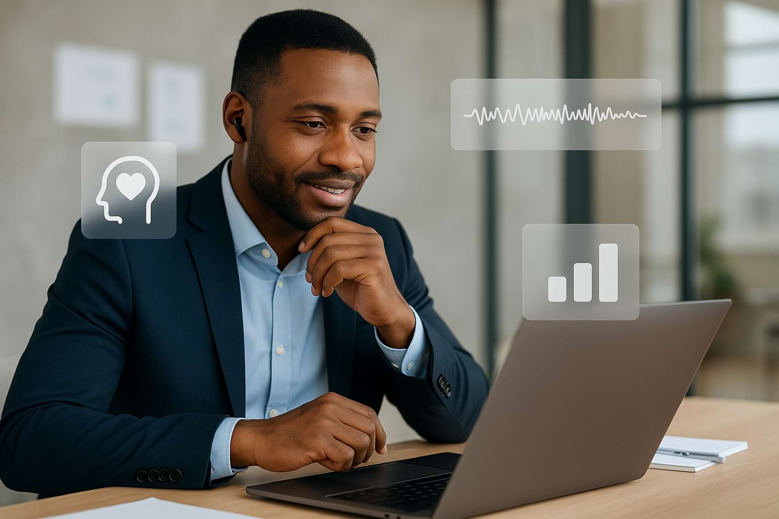 Professional customer support agent in a modern office using AI-powered holographic analytics with emotion detection and performance insights.
