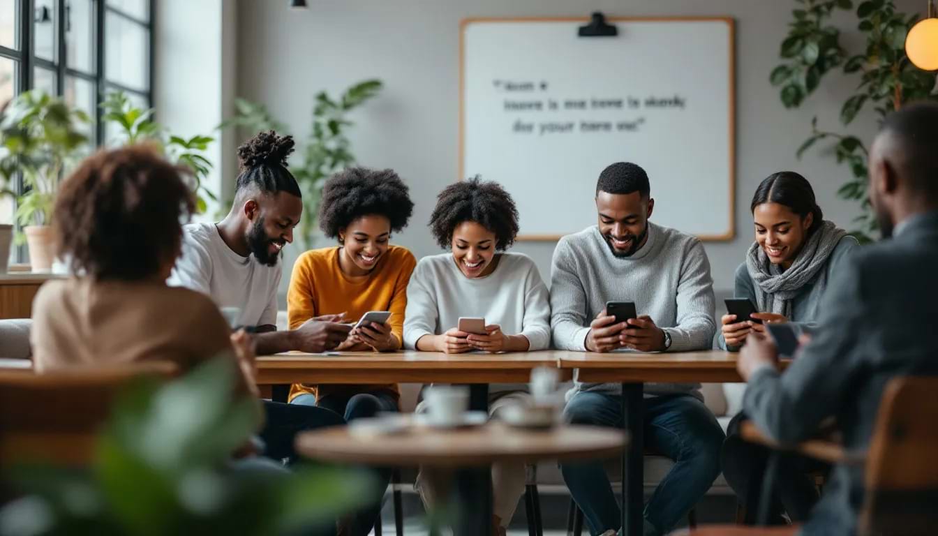 A diverse group of customers is engaged in reading online reviews on various devices, highlighting the importance of online reputation management solutions in shaping a brand’s digital presence. Their expressions reflect a mix of curiosity and satisfaction as they explore both positive and negative feedback on different online platforms.