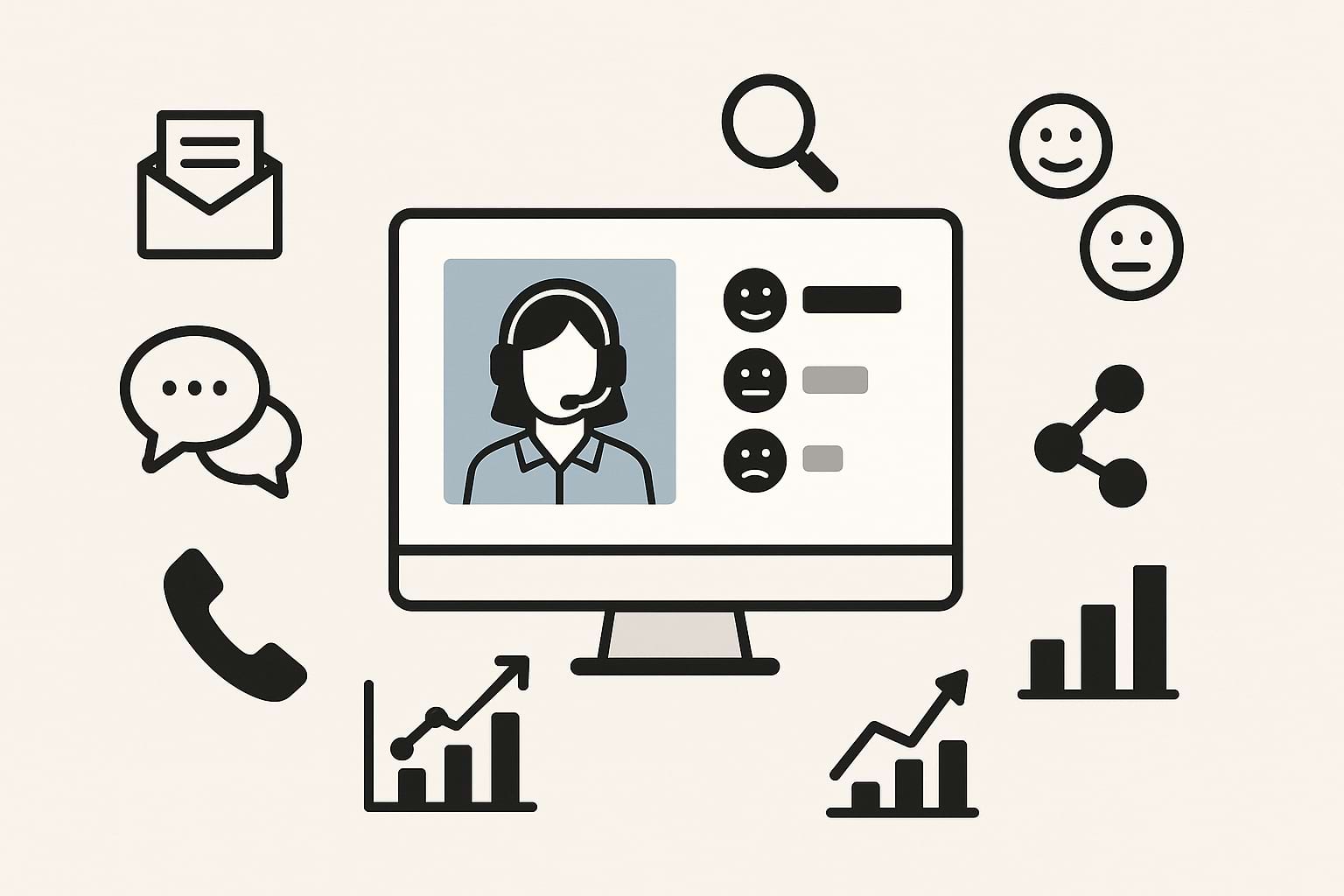 Customer service sentiment monitoring, with a central computer screen displaying a support agent and surrounding icons representing chats, phone calls, social media, analytics, and emotion detection.