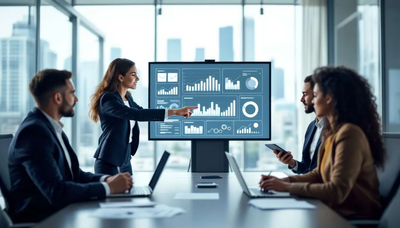 A professional team is gathered around a table, analyzing various metrics and strategies related to online reputation management services. They are discussing data on customer feedback, digital reviews, and the overall brand's online reputation to enhance their online reputation strategy.