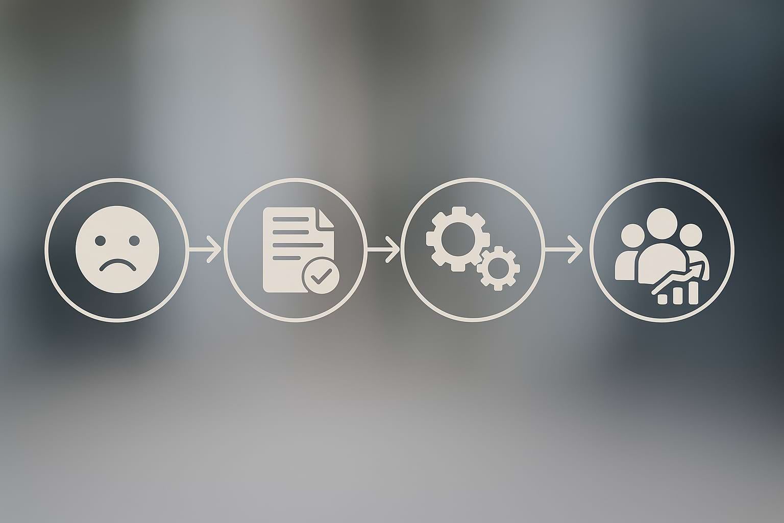 Transparent flowchart icons overlayed on a blurred gray-blue background, showing progression from emotion detection to documentation, process optimization, and customer growth.