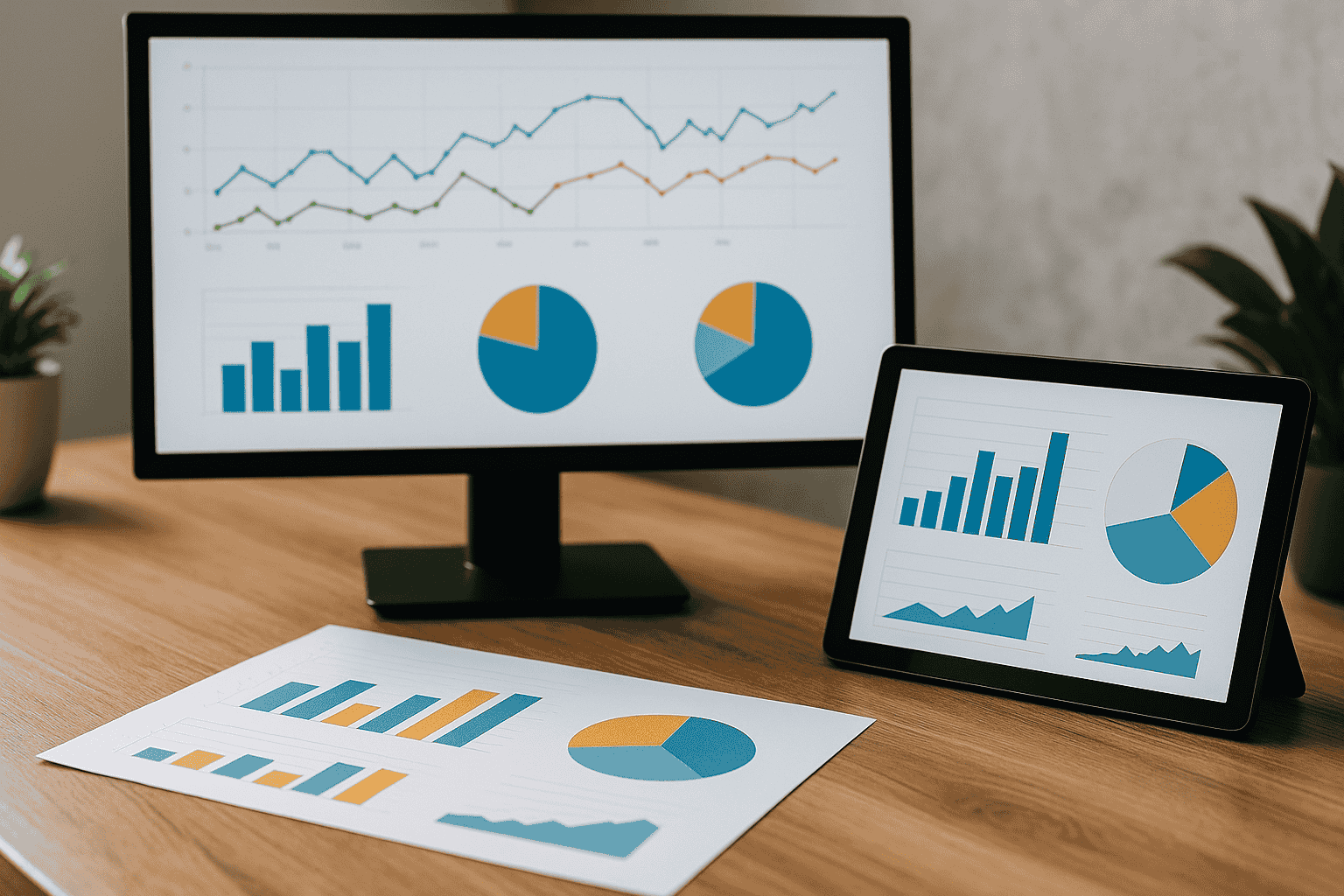 Digital workspace showing client opinions Analytics with charts on monitor, tablet, and printed reports, illustrating Feature-Level Sentiment Evaluation, Consumer Emotion Insights trends, and business intelligence insights for company credibility and product development.