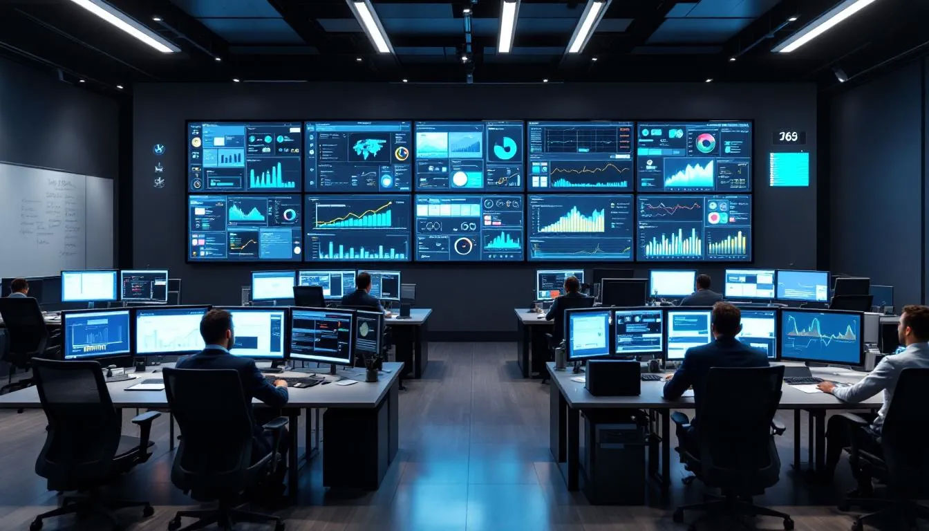 In the image, a social media control room is filled with multiple monitors showcasing various data analytics dashboards, highlighting customer sentiment metrics from social media posts and customer feedback. The environment reflects a high-tech atmosphere where data scientists utilize enterprise sentiment analysis solution and machine learning algorithms to analyze customer sentiment and derive meaningful insights.