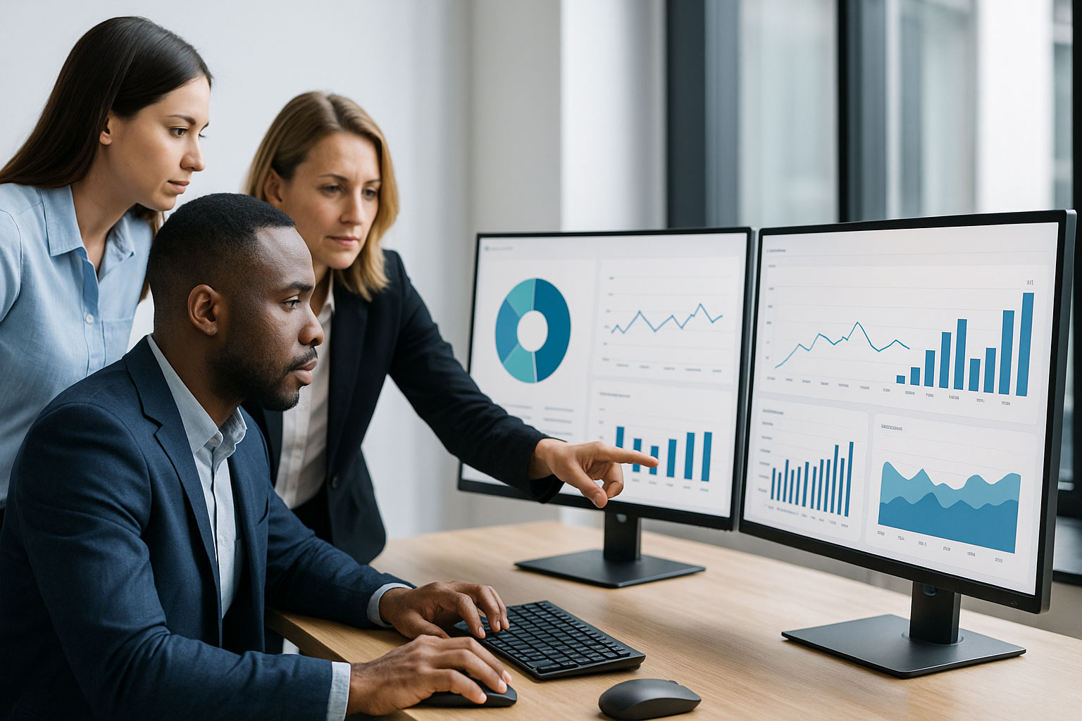 Collaborating at dual monitors displaying abstract charts and graphs, symbolizing integration of sentiment analysis outputs into business intelligence systems for trusted insights.