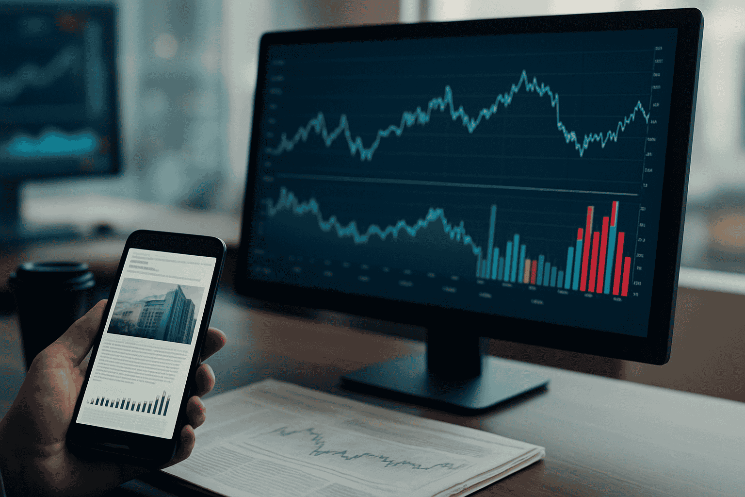 Financial workspace with computer monitor and smartphone displaying dynamic charts and data visualizations, representing Customer Emotion Analytics in financial services where investment firms analyze Digital Networking Channels and news articles to predict market sentiment.