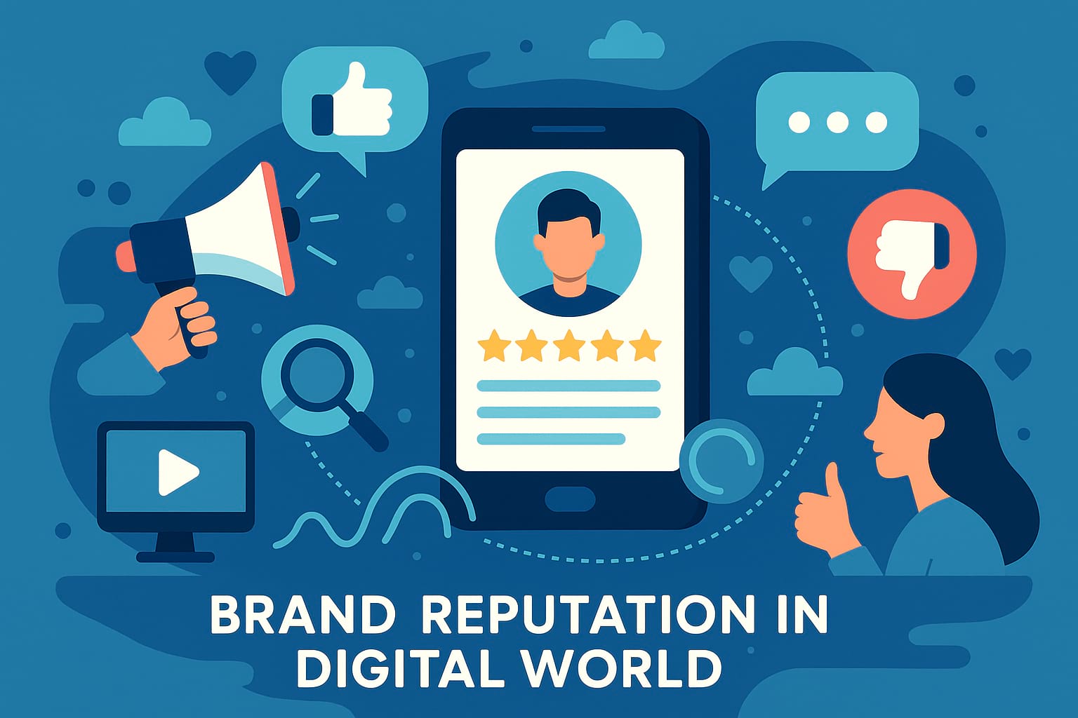 Conceptual vector illustration representing corporate image in the digital world with digital media icons reviews and customer engagement elements in a clean modern style