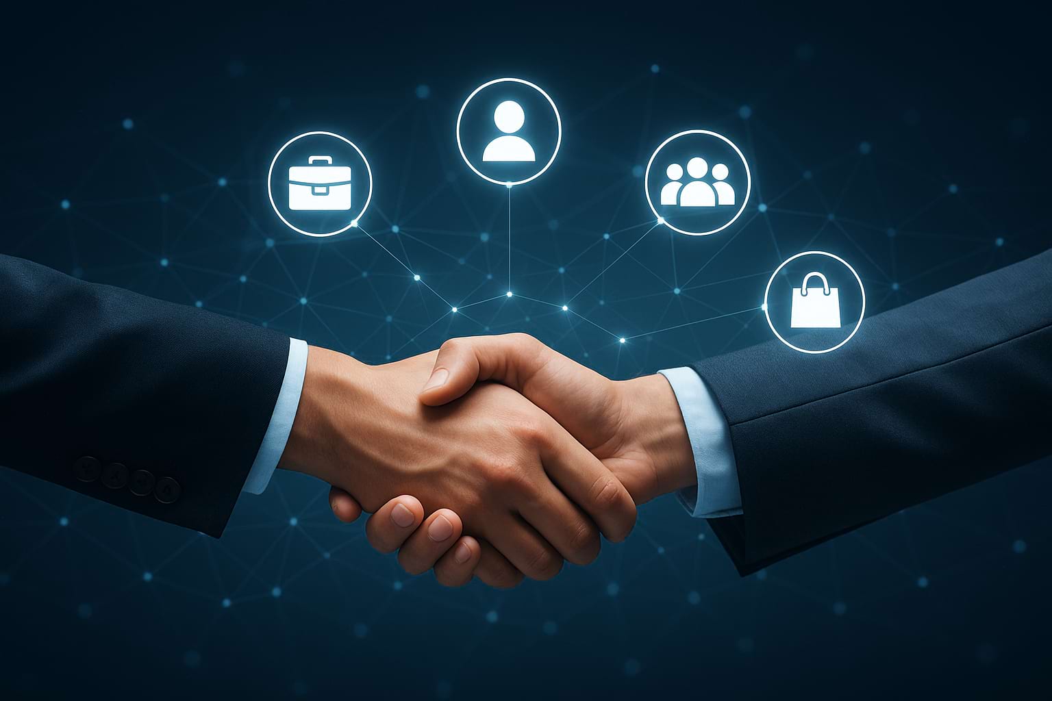 Professional handshake with digital network icons symbolizing collaboration, partnerships, and online business growth.