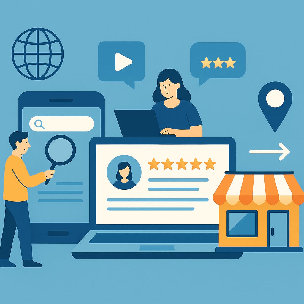 Consumer behavior through online search, reviews, and digital interactions driving local store visits, highlighting digital presence impact on customer decisions.