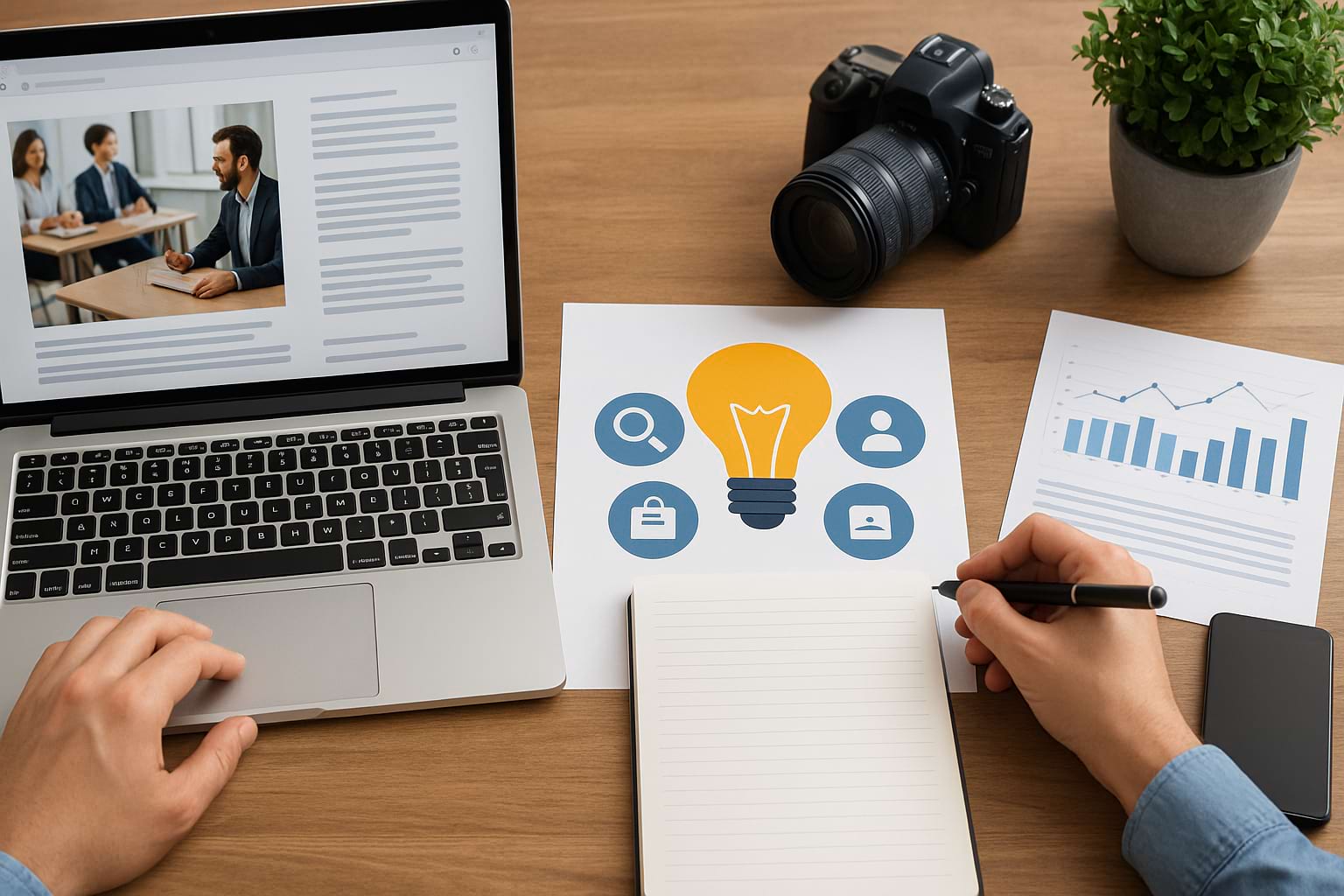 Content creation and SEO strategies workspace with laptop, analytics charts, and creative planning materials on a professional desk.