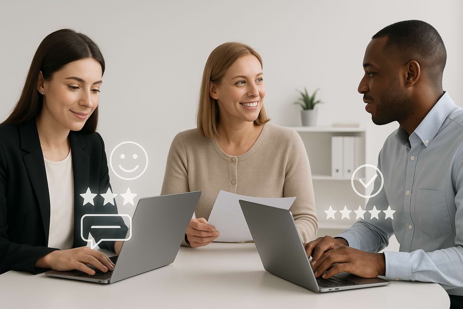 Professionals collaborating in a modern office with feedback analytics, symbolizing client satisfaction and responses management.