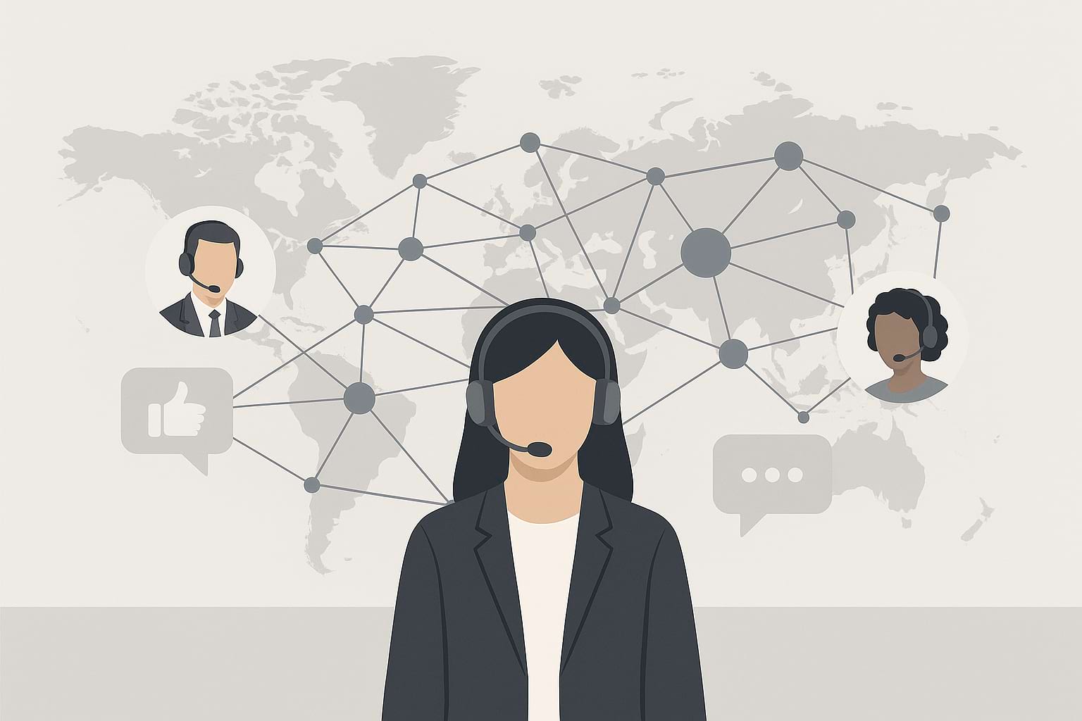 Minimalist professional concept illustrating global digital reputation management and customer service network.