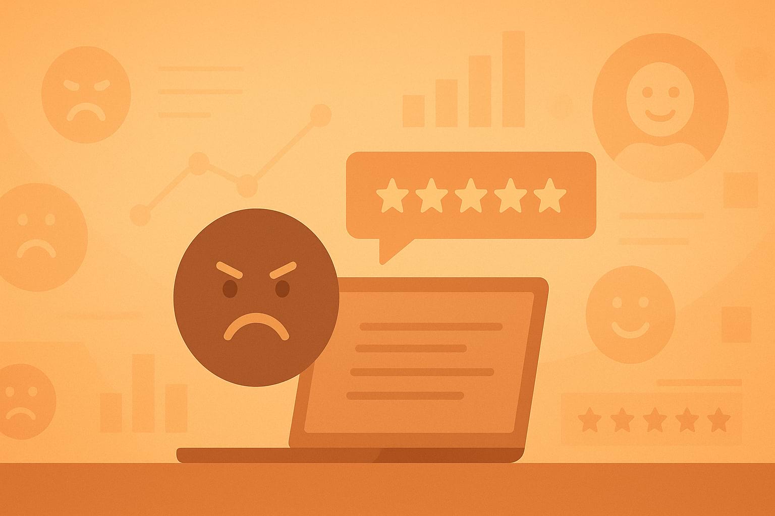 Abstract corporate background visual representing fake reviews and review bombing with subtle icons of ratings, faces, and graphs.