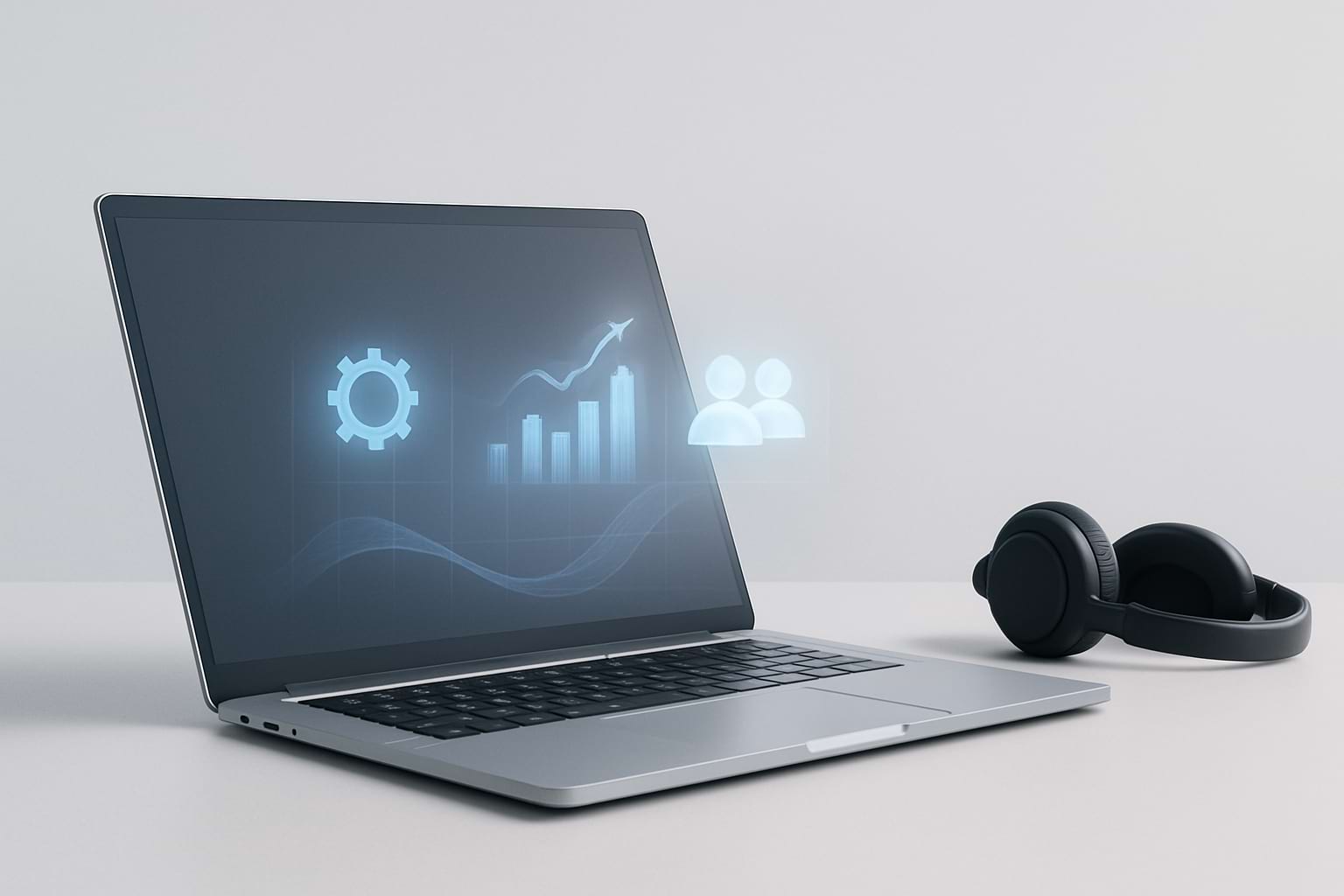Minimalist workspace with laptop and holographic visuals symbolizing AI-driven brand risk management.