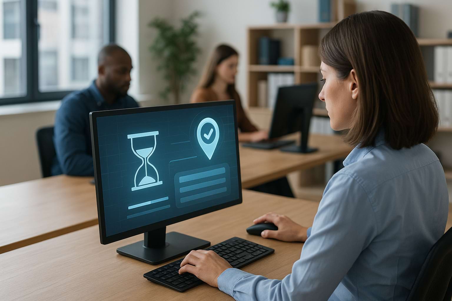 Modern office team managing business listings with holographic overlays, symbolizing accuracy and real-time updates.