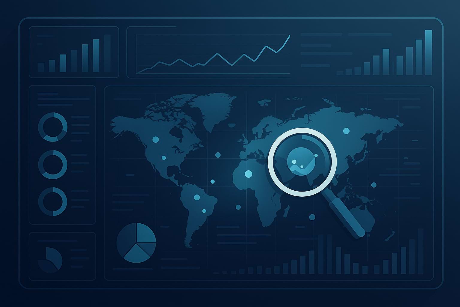 Futuristic data dashboard with global map and analytics charts symbolizing monitoring news portal for brand reputation and opportunities.