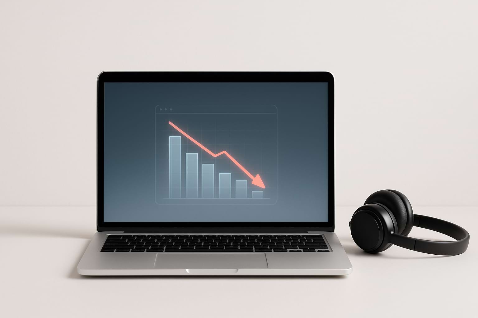 Minimalist setup with laptop and headphones symbolizing negative content outranking official website and brand visibility issues.