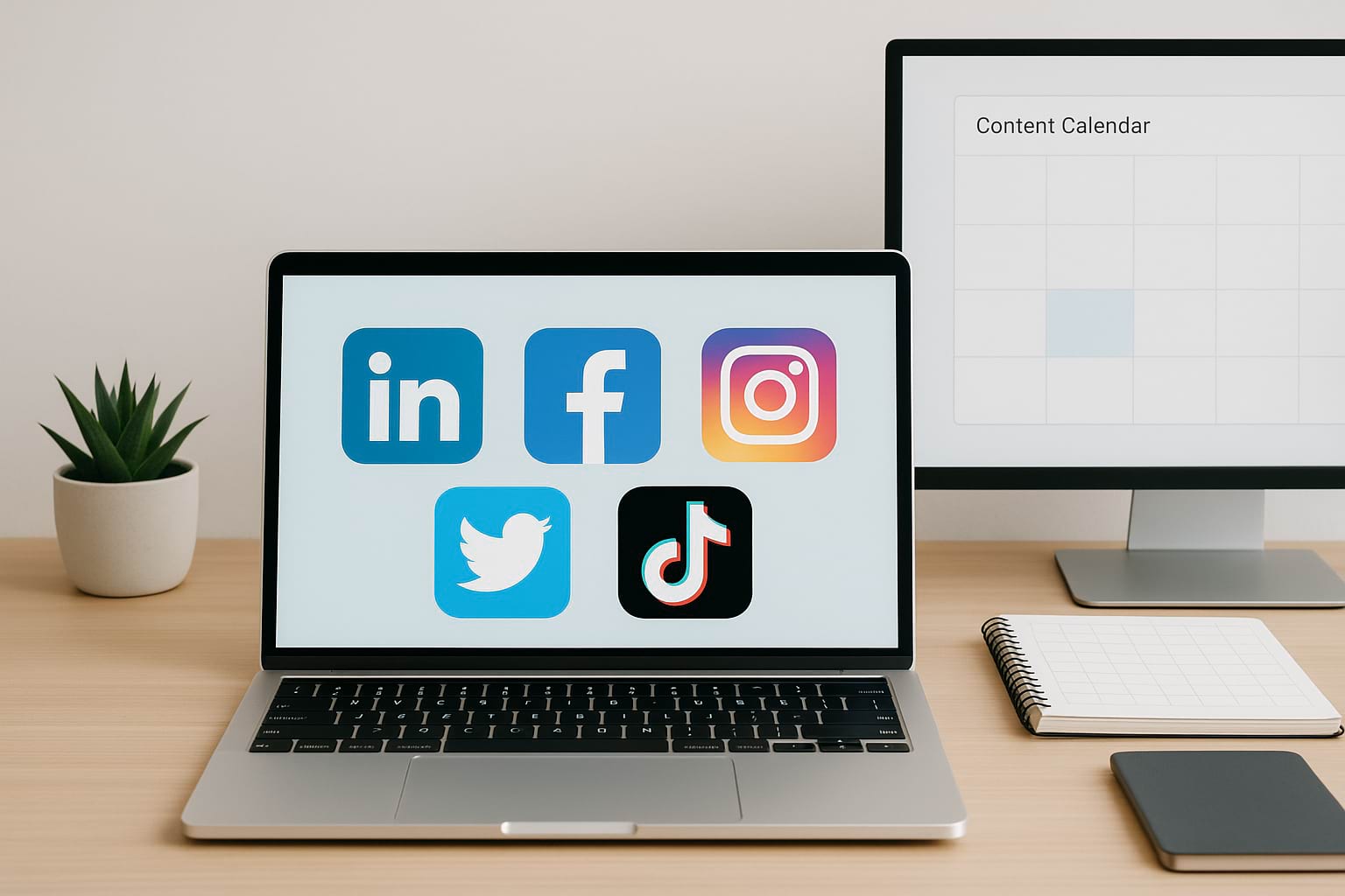 Social media platforms with a content calendar display, representing strategic presence, platform selection, and engagement planning.