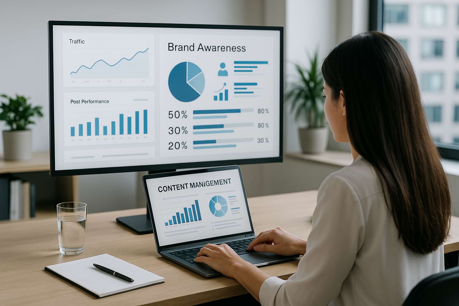 Marketing specialist reviewing content performance and engagement analytics in a modern office.