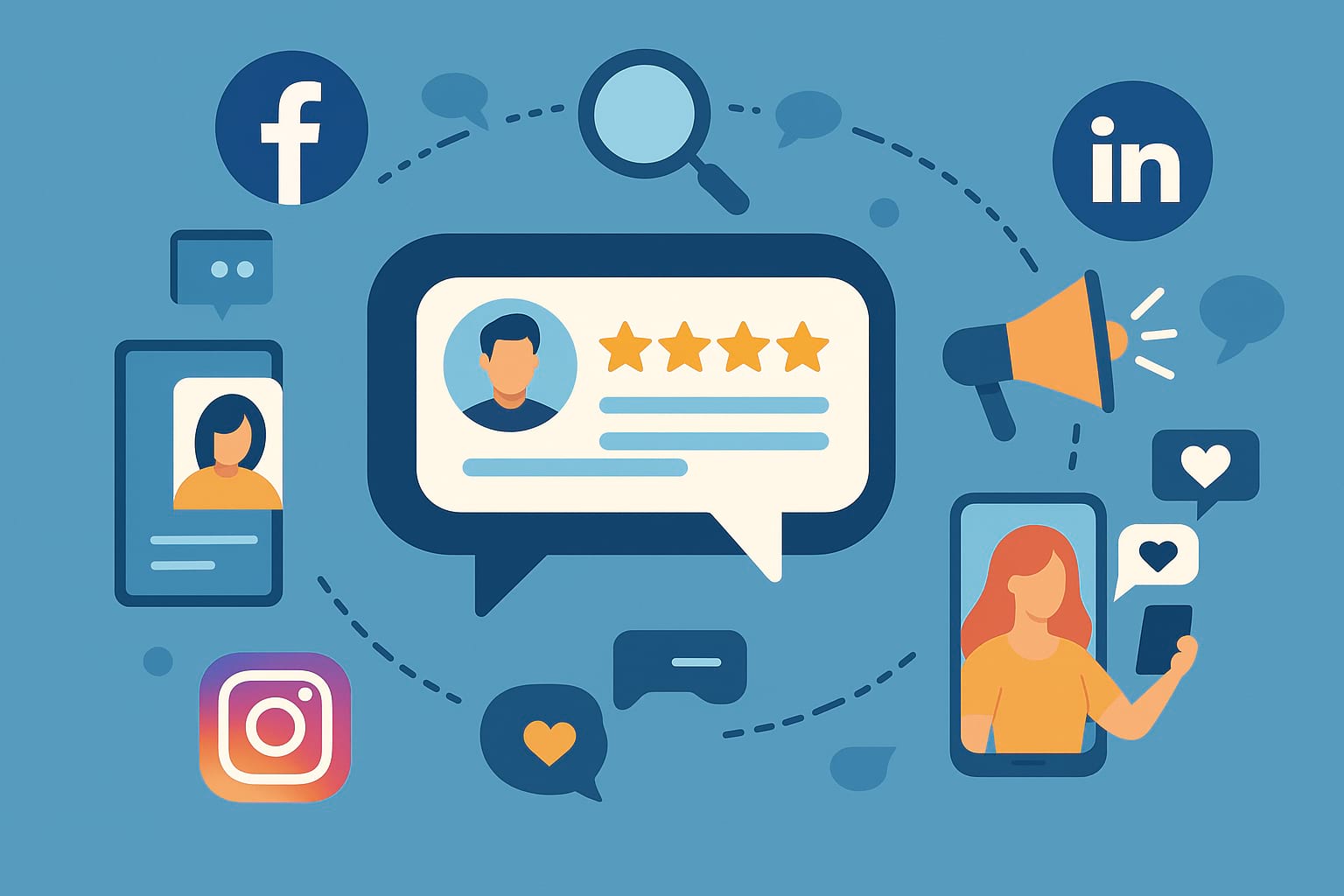 Conceptual vector illustration showing interconnected social media icons and digital communication elements representing social media review strategy and reputation management.