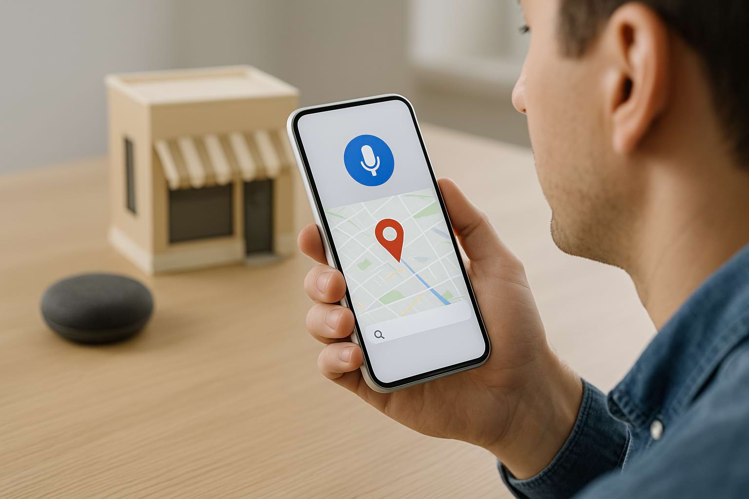 Person using smartphone for voice search and location-based SEO navigation.