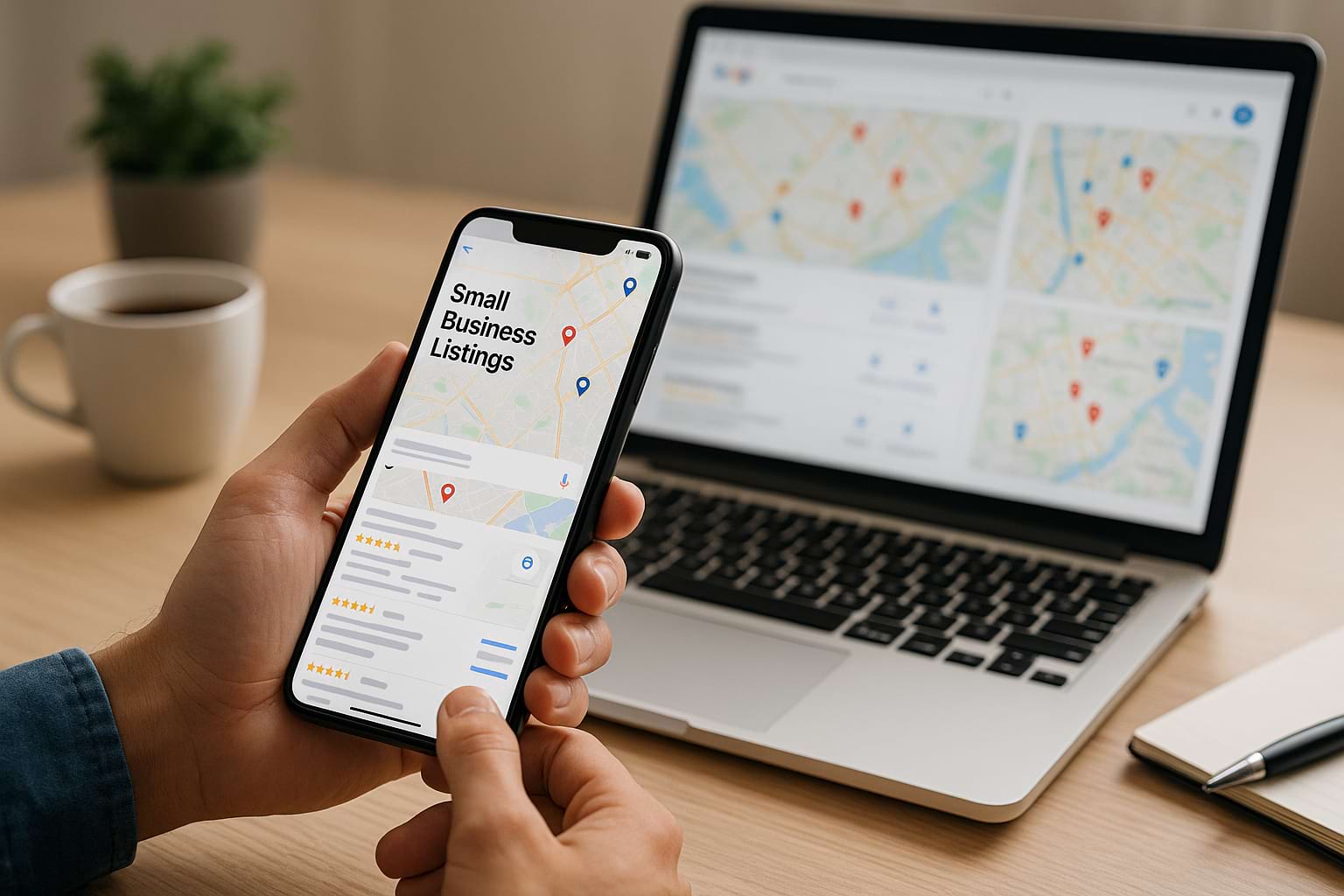 Professional workspace with person using smartphone and laptop to manage local business listings and online visibility.